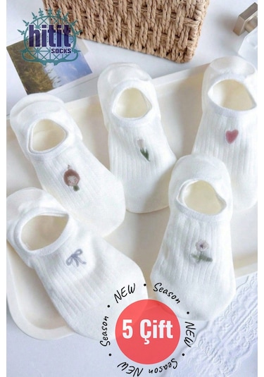 Kadın 5 Çift Premium Fiyonk Çiçek Ve Kalp Desenli Babet Çorap Seker Beyazı ASORTİ