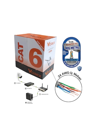 Vorex Cat6 Utp 305 Metre İç Mekan Ethernet Ağ Kablosu - 24 Awg 0.50mm Gri Esnek Pvc Kılıf