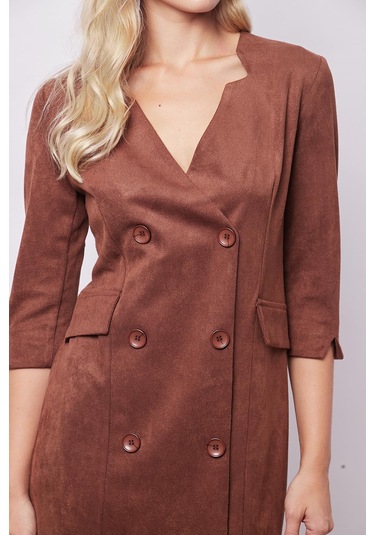 Kadın Kadife Likralı Yumuşak Dokulu Kruvaze Kapri Truvakar Kol Kolu Yırtmaçlı Ofis Ceket Elbise-fındık Kabuğu Fındık Kabuğu