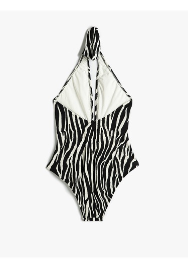 Koton Halter Yaka Mayo Zebra Desenli Derin V Yaka Pencere Detaylı Siyah Çizgili 4sak20110mm Siyah