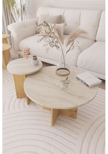 2 Li Orta Sehpa Seti, İskandinav Stil, Bohem, 72 Cm, 40 Cm - Traverten & Safir Meşe