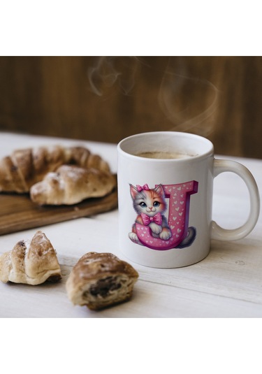 J Harfli Bardak, Sevimli Kedili Pembe Tasarım Bardak, Arkadaşa Aileye Hediye Porselen Beyaz