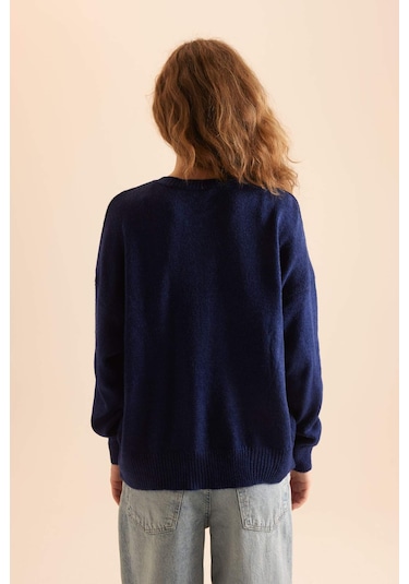 DeFacto Oversize Geniş Kalıp Düğmeli Yaka Triko Kazak D4913AXNSNV131 Lacivert