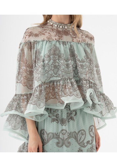 Dantel Desenli Katlı Şifon Volanlı Bluz Mint