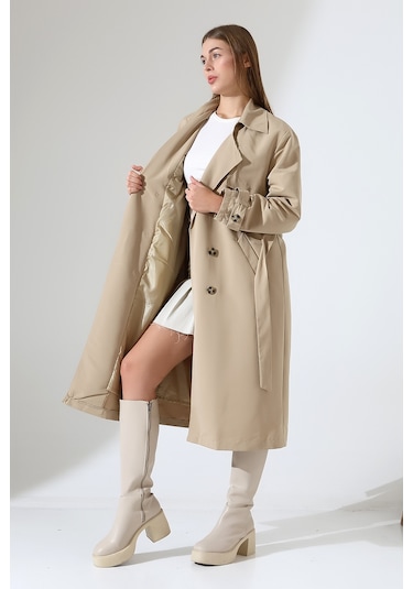 Amazon Keten Kumaş Diz Altı Yumuşak Dokulu Düğmeli Astarlı Trenç Kot Taş Taş