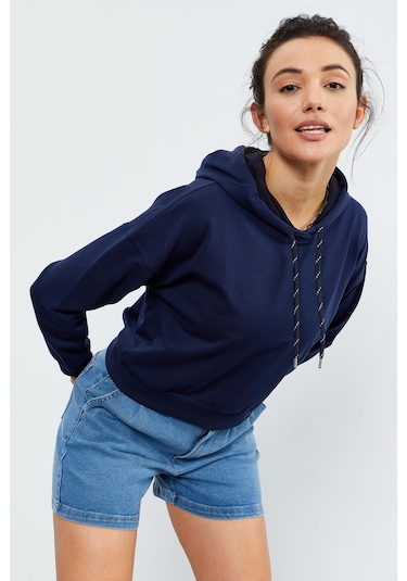 Tommy Life İndigo Uzun Kol Rahat Form Kapüşonlu Kadın Sweatshirt - 97115 İndigo
