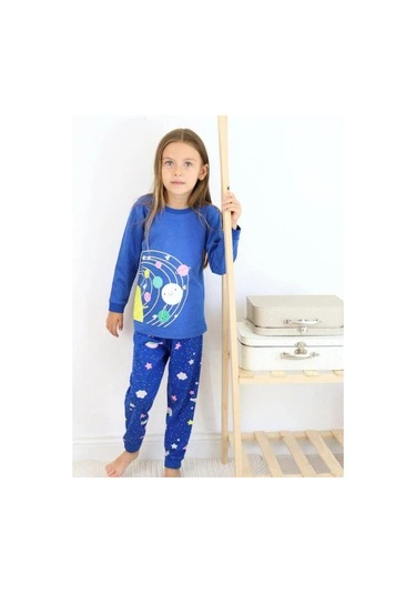 Kız Çocuk Pamuklu Gezegen Baskılı Pijama-15272 Lacivert