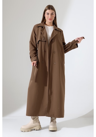 Amazon Keten Kumaş Uzun Boy Düğmeli Astarlı Yumuşak Dokulu Trenç Kot Sütlü Kahve Sütlü Kahverengi