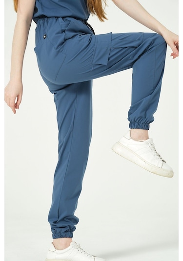 İndigo Likralı Kargo Cep Jogger Paça Doktor Hemşire Forması Tek Alt Unisex