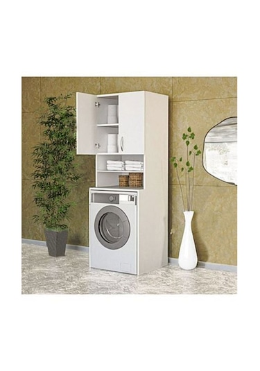 Papatya Çamaşır Makinesi Dolabı, Banyo Dolabı, 4 Raflı, Kapaklı,