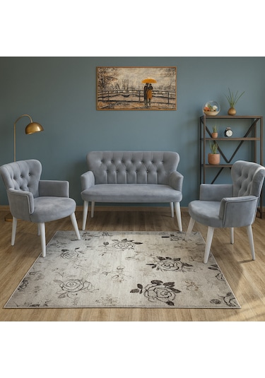 Roma Çay Seti Koltuk Takımı - Babyface Kumaş - Ahşap Ayak - Açık Gri