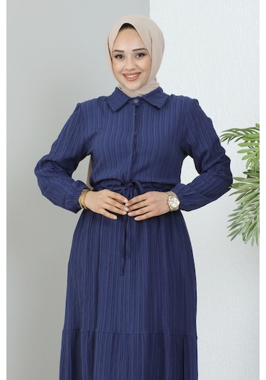 Lara Kumaş Yarım Düğmeli Kadın Elbise - Lacivert / E0121 Lacivert
