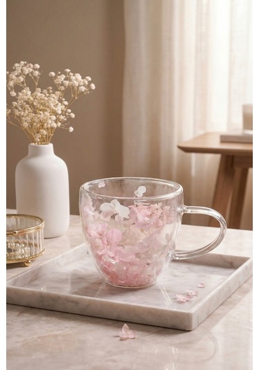 Makri Home Pembe Beyaz Çiçekli Çift Cidarlı Cam Kupa, 350 Ml, 11 Cm X 8 Cm Çok Renkli