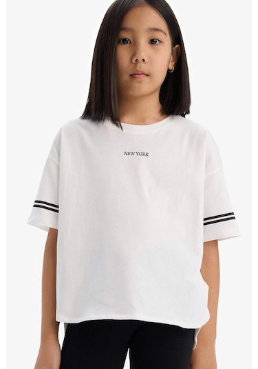 DeFacto Kız Çocuk 2'li Takım Kısa Kollu Baskılı Tişört Tayt E3815A825SMER105 Ekru