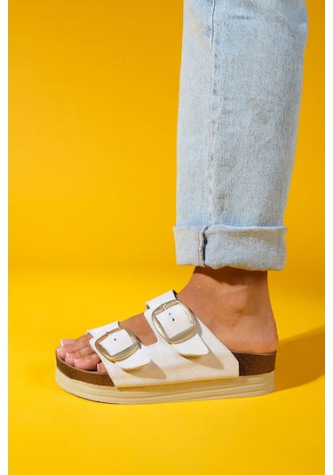 Harbor Beyaz Süet Çift Bantlı Hakiki Deri Kadın Kalın Tabanlı Terlik Beyaz