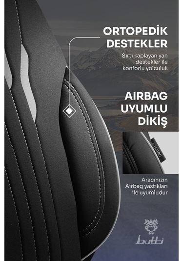 Siyah - Gri Buttı Talos Serisi Premium Oto Koltuk Kılıfı Ortopedik Destekli, Ön Arka Tam Set, Aırbag Uyumlu
