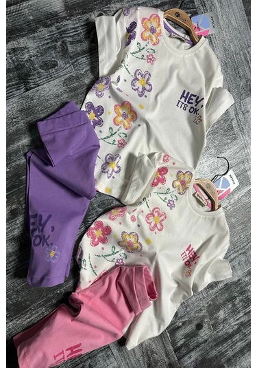 Yeni Sezon Çiçek Desenli Lila Renk Kapri Taytlı Kız Çocuk Takım Lila