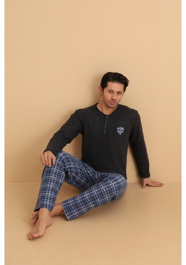Flkn 7015 İnterlok Kışlık Ekose Pijamalı Erkek Pijama Takımı Antrasit