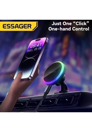 Tysm Joyjadehub Essager Rgb Manyetik Araç Telefon Tutucu Qi 15w Qi Kablosuz Şarj, Rgb Aydınlatma,  Ve Android Uyumluluğu, 360 Dönüşüm 1pc