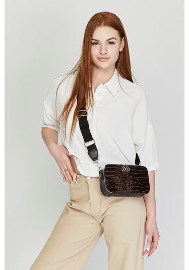 Morpelikan Kahve Kroko İki Bölmeli Kadın Omuz Çantası Kahverengi