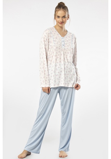 Türen 3366 Kadın Büyük Beden Uzun Kollu Pijama Takım-mavi Mavi