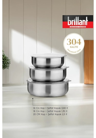 6 Parça Aldip Çelik Saklama Kabı Seti 3'lü 16-18-20 Cm - Şeffaf Kapaklı Metal Saklama Kabı Gümüş