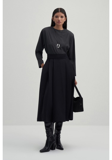 Siyah Volanlı Midi Etek Siyah