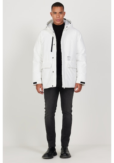 Ac&Co / Altınyıldız Classics Erkek Beyaz Kapüşonlu Dik Yaka Standart Fit Kaban Beyaz