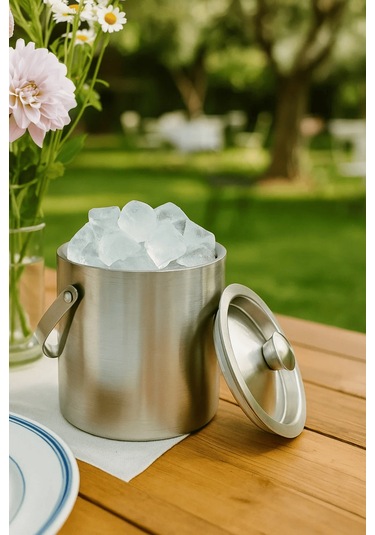 Paslanmaz Çelik Çift Cidar Taşınabilir Saplı - Kapaklı 1 Lt. Buz Kovası Gri