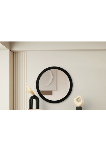 Dekoratif Yuvarlak Ayna Siyah Çerçeve Çap 85cm Siyah