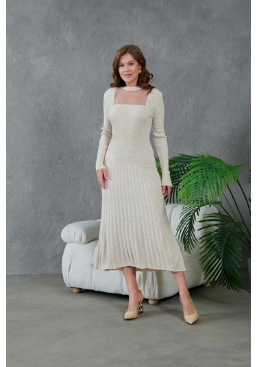 Kadın Bisiklet Yaka Tül Detay Maksi Boy Fitilli Triko Elbise Taş