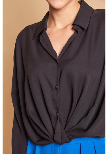 Yakalı Önü Pileli Uzun Kol Likrasız Şık Kumaş Gömlek-siyah Siyah