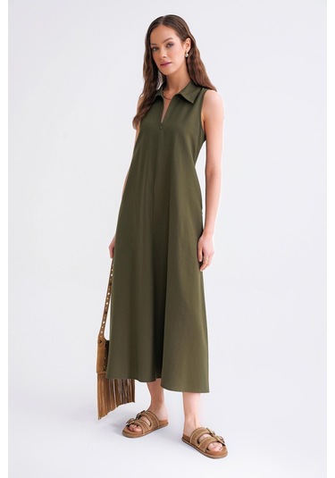 4692 Kadın Gömlek Yakalı Fermuarlı Midi Boy Oxford Elbise Haki Haki
