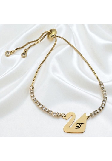 Archin T Harfine Özel 14 Ayar Altın Plakalı Beyaz Taş Detaylı Kuğu Kuşu Motifli Hediye Bileklik-601harf T