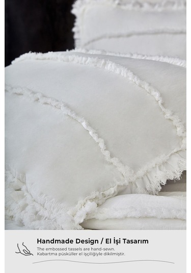 Evlen Home Pamuklu Echos Yatak Örtüsü Takımı Günlük Çift Taraflı Kişilik 3 Parça Dolgulu El İşi Beyaz
