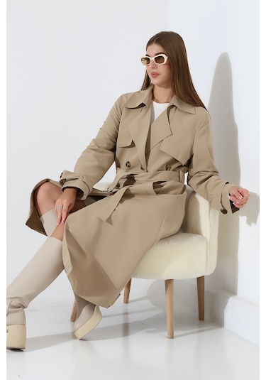 Amazon Keten Kumaş Diz Altı Yumuşak Dokulu Düğmeli Astarlı Trenç Kot Taş Taş