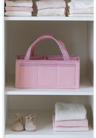 Anne Bebek Kalın Keçe Bakım Çantası Yenidoğan Için Organizer Düzenleyici Çok Amaçlı Pembe Pembe Overlok Detay