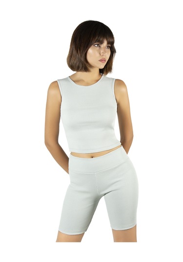 Çağla Yeşili Fitted/vücuda Oturan Crop Halter Yaka Fitilli Esnek Örme Bluz Atlet Çağla Yeşili