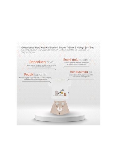 Gezenbebe Hero Kısa Kol Desenli Bebek T-shirt Ve Nakışlı Şort Seti Teddy Organik Çok Renkli