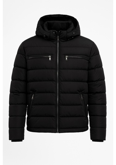 Slim Fit Erkek Kapşonlu Şişme Mont - 7447 Siyah