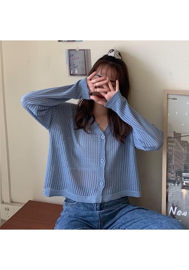 Beyaz Kadın İlkbahar Ve Yaz V Yaka Delikli Uzun Kollu Klimalı Gömlek İçin İnce Örgü Güneş Koruyucu Hırka Ceket Beyaz