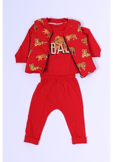 Erkek Bebek 3 Lü Takım 3 İplik Yelekli Kaplan Baskılı Fermuarlı C57 Kırmızı