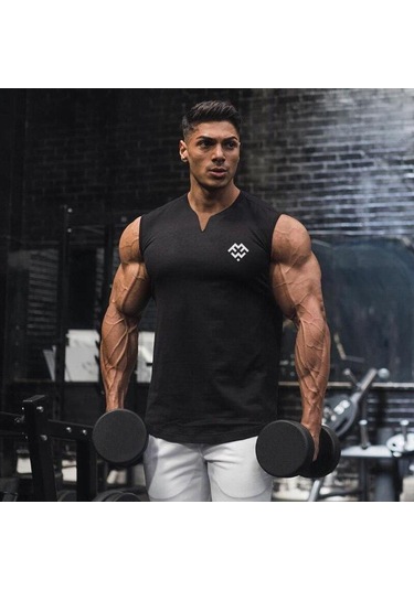 Beyaz Muscleguys Yaz Yeni Avrupa Ve Amerikan Tarzı Baskılı Yelek Pamuklu Erkek Fit Spor V Yaka Kolsuz Tişört