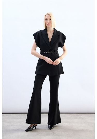 Sateen Kemerli Uzun Yelek - Siyah-136850 Siyah