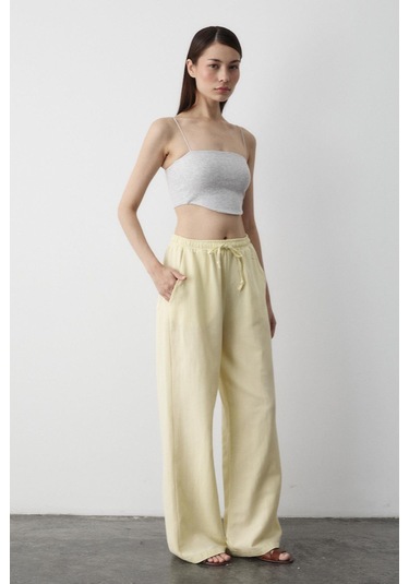Sarı Beli Lastikli Pamuklu Keten Pantolon Sarı