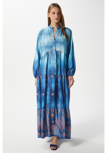 Modest Kadın Lucian Mavi %100 Viskon Maksi Boy Yazlık Elbise Maviturkuazturuncu Çok Renkli