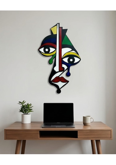 Picasso Tarzı Renkli Ahşap Duvar Mask Mdf - Soyut Yüz Duvar Sanatı. 1