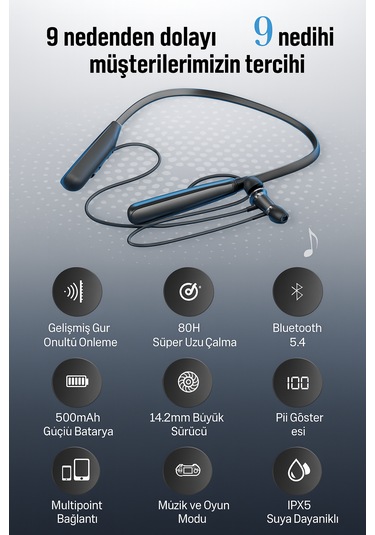 Qasul 100 Saat Şarj Kapasiteli Lcd Şarj Gösteli Sporcu Bluetooth Kulaklık