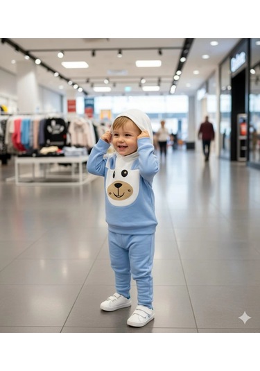 Erkek Çocuk Kapşonlu Ve Kulaklı Alt Üst İkili Gündelik Takım Mavi