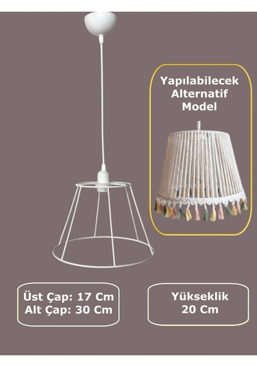 Konik Avize Teli , İskeleti Standart Boy 30x20 Cm Beyaz Statik Boyalı Duy Takımı Dahil Beyaz